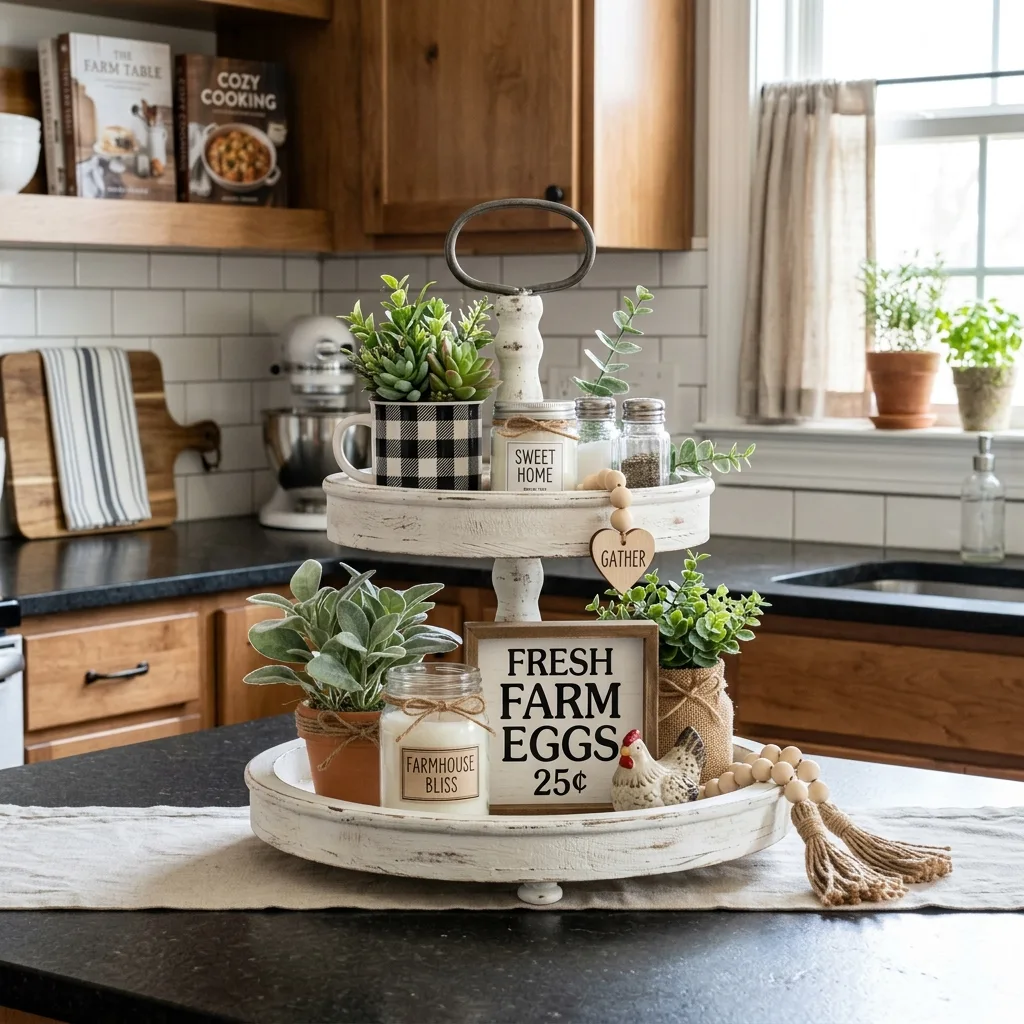 Farmhouse tiered tray with Dollar Tree decor